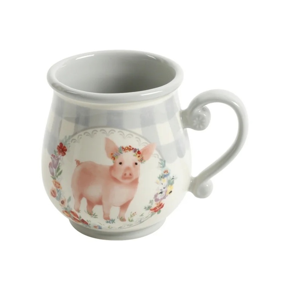 🌺 New Pioneer Woman Pink Pig Gray Gingham Checks Mug, Qty 1 - Picture 7 of 9